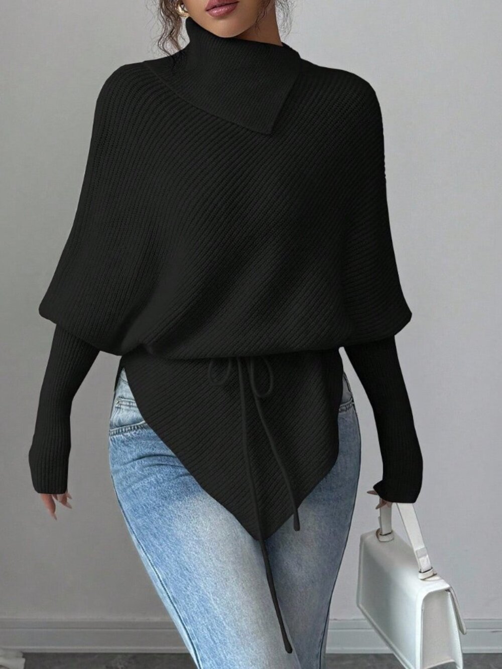 Black Casual Women's High Neck Batwing Sleeve Asymmetrical Hem Sweater - Picture 3 of 5